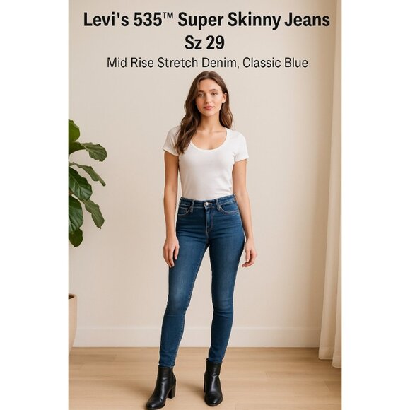 Levi’s 535 Super Skinny Jeans Sz 29 – Mid Rise Stretch Denim, Classic Blue - Picture 1 of 14